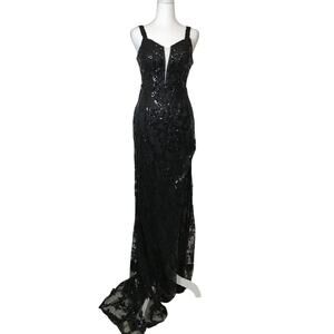 Black Sequins Lace Formal V-neck Women Long Bodycon Mermaid Dress 4